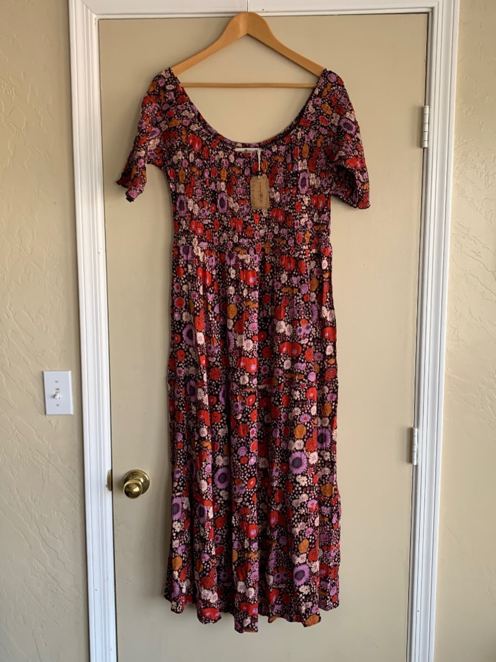 Natural Life Smocked Floral Tiered Maxi Dress L/XL On or Off Shoulder Boho NWT!